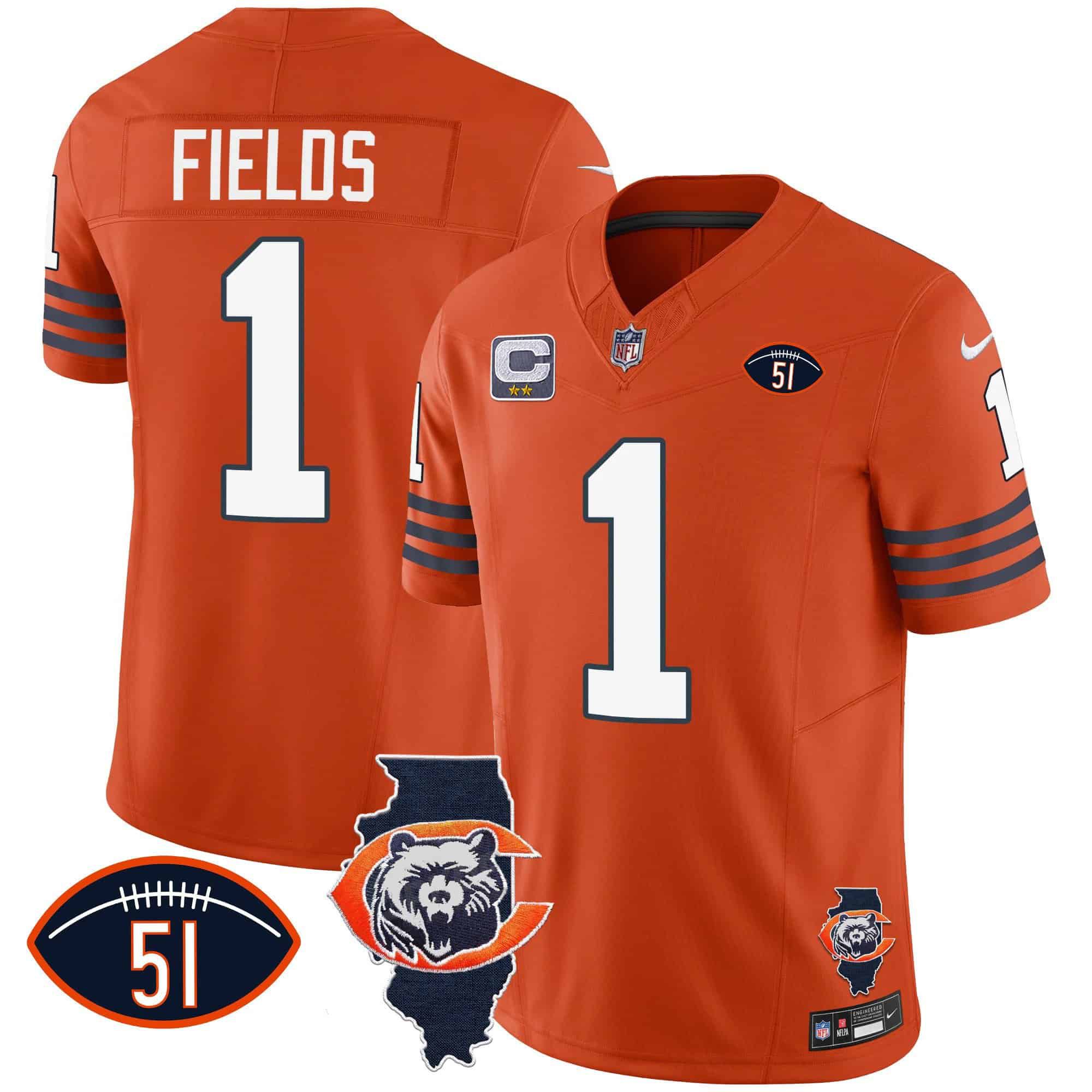 Men Chicago Bears #1 Fields Orange 2024 Nike Throwback Illinois Patch Vapor NFL Jersey